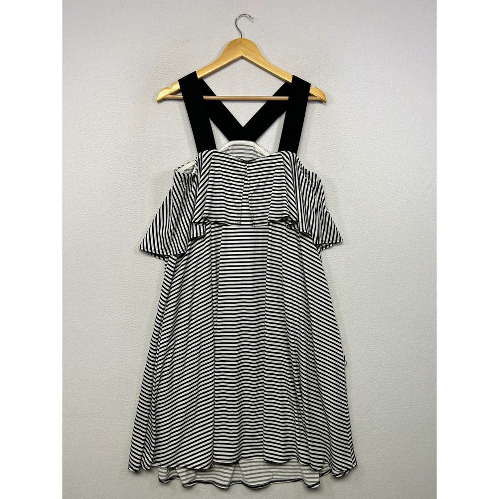 Nautical Lane Bryant Womens 14/16 Black White Striped Ruffle Cold Shoulder Dress